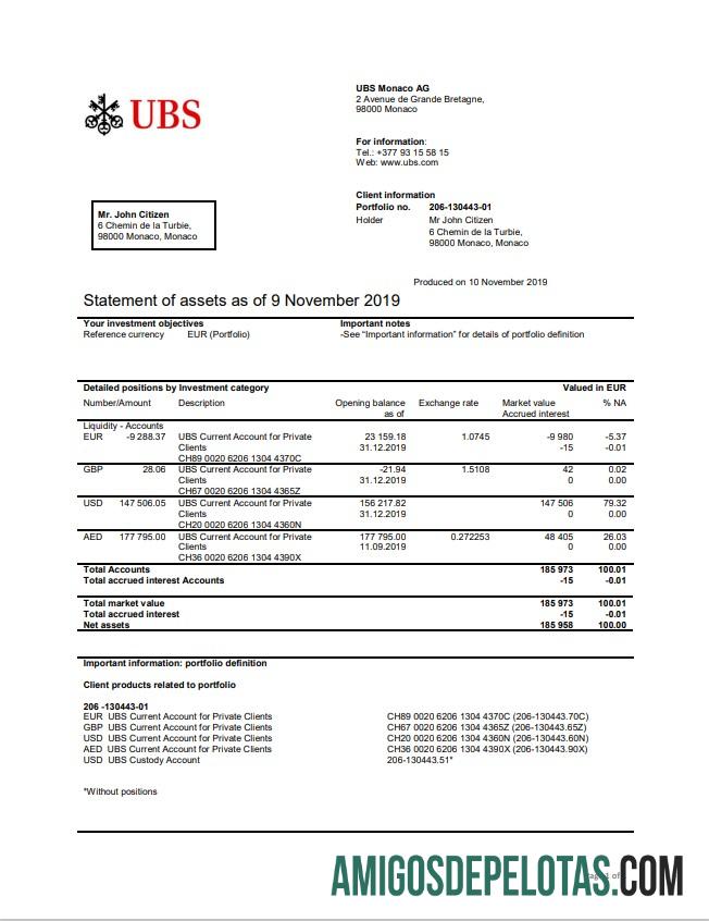 Monaco UBS extrato bancário amostra